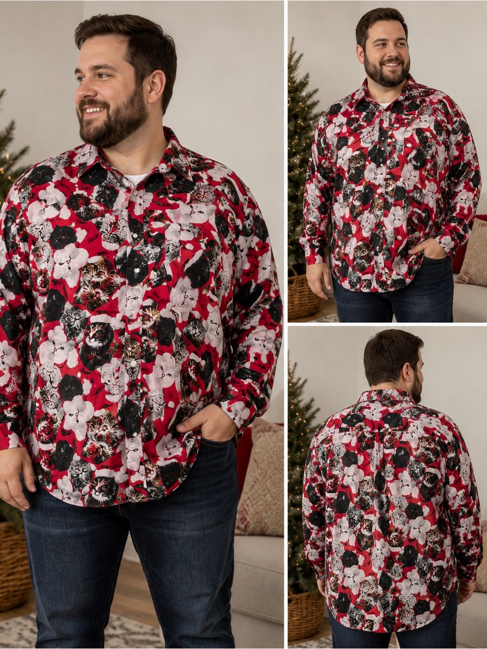 North Pole Trading Co Christmas Cat Shirt 4XL Santa Cats Holiday Button Down